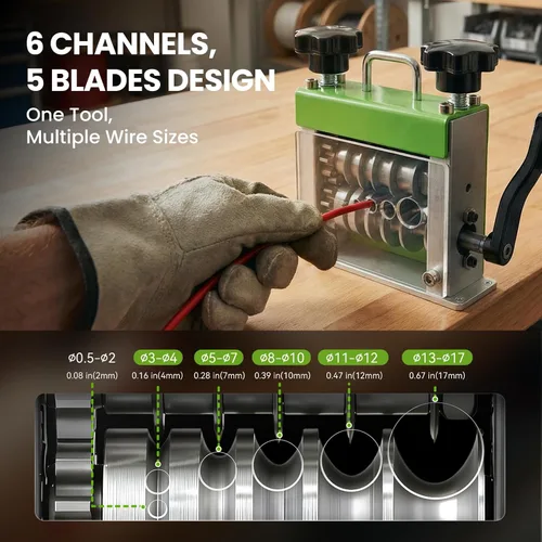Miniatura 3 de Máquina peladora manual de cables, herramienta pelacables de manivela con 6 canales, 5 cuchillas, se adapta a cables de 0.06 a 0.67 pulgadas