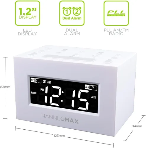 Miniatura 2 de HANNLOMAX Radio despertador HX-111CR, radio PLL AM/FM, alarma dual, pantalla LED blanca, DST automático, conector auxiliar (blanco)