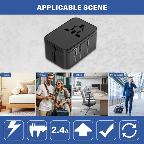Miniatura 7 de Adaptador de enchufe de viaje con 2 USB A+1 USB C, adaptador de viaje universal todo en uno, convertidores de corriente, cargador de pared