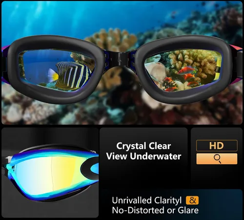 Miniatura 5 de Juego de gafas de natación sin fugas, antivaho y anti-UV, clip de nariz, gorro de natación y estuche para hombres, mujeres y adultos Dorado