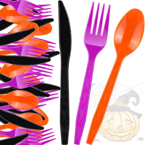 Juego de cubiertos de plástico de 300 piezas para Halloween, tenedores, cucharas, cuchillos, utensilios de colores negro, naranja, morado, vajilla