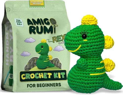 Amigo Rumi Kit de Ganchillo para Principiantes de Dinosaurio Lindo - Aprende Cómo Hacer Ganchillo Kit de Inicio - Tutoriales en Video de 3+ Horas y