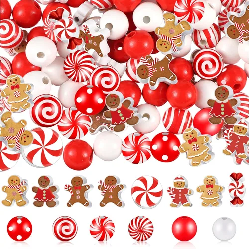 Misdary 200 piezas de cuentas navideñas para manualidades, cuentas navideñas de madera, rojas y blancas, caramelo de menta, jengibre para joyería,