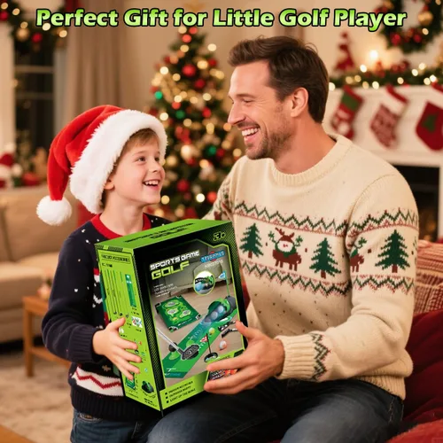 Miniatura 8 de TERRAMUS Juego de golf 3 en 1 para niños con devuelvedor automático de dinosaurio, tablero de Cornhole de golf, bolas con luz LED, alfombra de putt