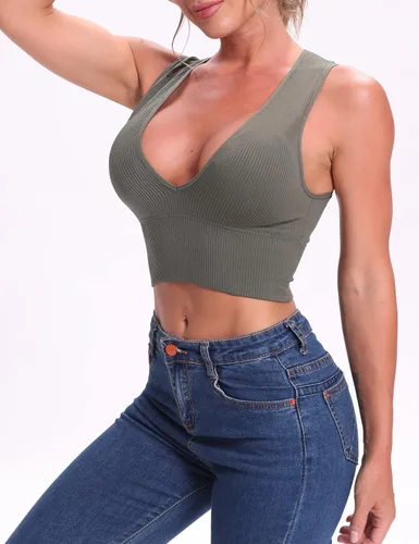 Miniatura 5 de Venbond - Ombliguera sexy sin mangas y costuras para mujeres, camiseta estriada sin mangas, escote profundo y cuello en V, con almohadillas