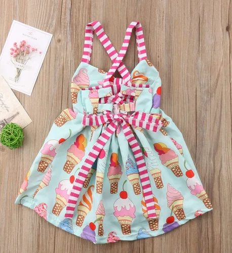Miniatura 6 de Falda de verano para niñas pequeñas, vestido sin espalda con tirantes y estampado de helado