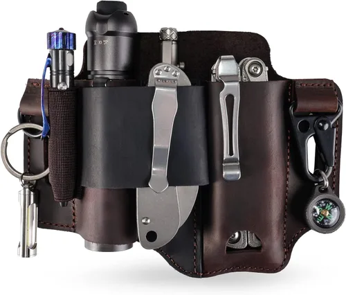 Miniatura 9 de Funda multiherramienta de cuero, organizador de cinturón EDC para herramientas Leatherman, linterna, bolígrafo y clip para llavero, duradero
