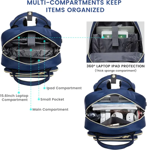 Miniatura 8 de LOVEVOOK - Mochila para portátil de mujer, mochila de trabajo de moda con puerto USB, mochilas impermeables para el trabajo., Azul marino, 17,3 pulg.