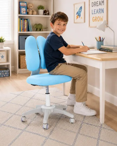 Miniatura 2 de Silla de escritorio para niños, altura y profundidad del asiento, silla de estudio ajustable con giro de 360°, ruedas de freno para sentarse