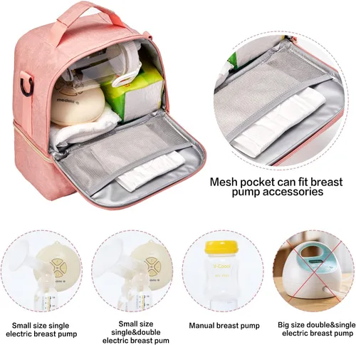 Miniatura 2 de Bolsa para extractor de leche con compartimento para extractor de leche, bolsa enfriadora y resistente a la humedad, doble capa para la madre, Rosa