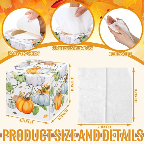 Miniatura 3 de Yeaqee Paquete de 6 cajas de pañuelos faciales de calabaza de Acción de Gracias de 2 capas, 480 hojas de papel de otoño facial grandes cuadrados