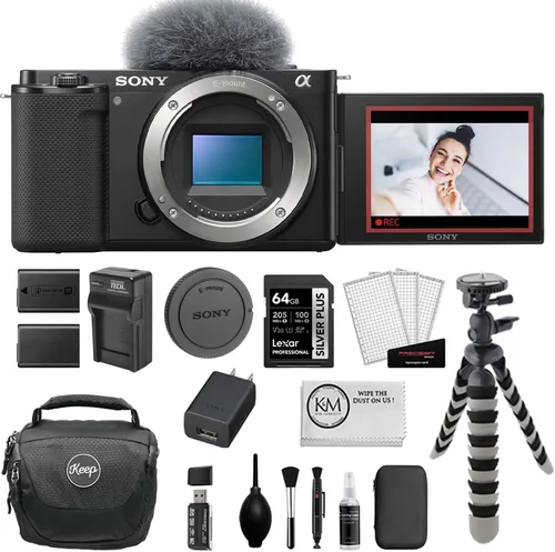 Sony Cámara sin espejo ZV-E10 | Paquete negro con tarjeta de memoria de 64 GB, flexípode de 8 pulgadas, batería de repuesto y cargador, bolsa de