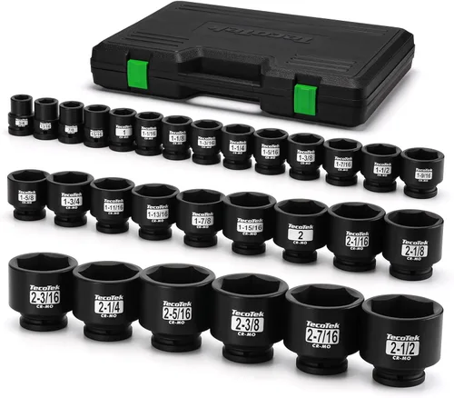 TecoTek Juego de llaves de impacto de 3/4" de 6 puntas poco profundo, surtido jumbo de 29 piezas, CR-MO, SAE, 3/4 pulgada - 2 1/2 pulgadas, estuche