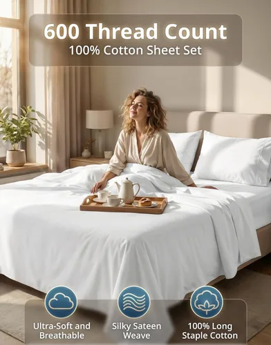 Miniatura 2 de LANE LINEN Juego de sábanas tamaño King – Sábanas de 600 hilos 100% algodón de fibra larga, naturalmente frescas y duraderas para el uso diario, 01