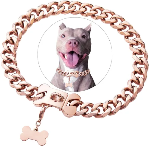 Miniatura 8 de Collar de Perro de Acero Inoxidable con Eslabones Cubanos Plateados de Servicio Pesado para Perros Pequeños, Medianos y Grandes, Collar de Perro