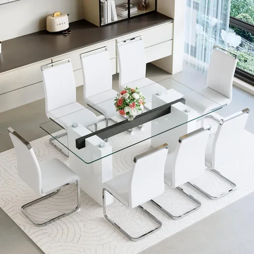 Miniatura 19 de FURNITO Mesa de comedor de vidrio de 71 pulgadas para 6 a 8,0,39 pulgadas de superficie de vidrio grueso con mesa de comedor de pedestal de MDF Mesa