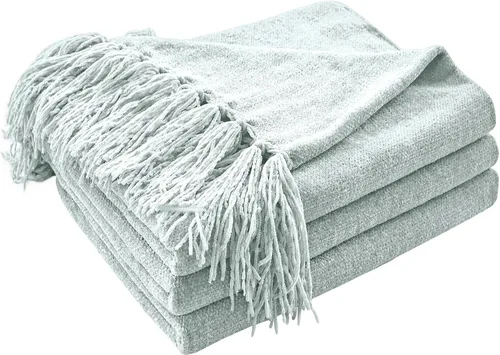 CozeCube Manta de felpilla para sofá, acogedora manta decorativa de felpa azul bebé con borlas de flecos, manta ligera para cama, sofá, regalo