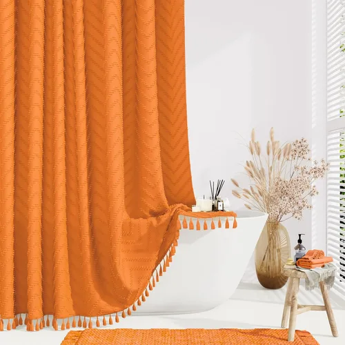 Miniatura 16 de Dynamene - Cortina de ducha de tela bohemia con rayas con chebrón en relieve, juego de cortina angosta para baño, media cortina impermeable