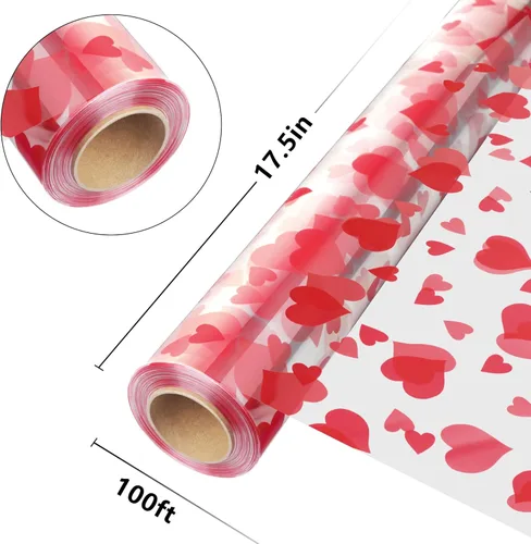 Miniatura 2 de JOYIT Rollo de celofán transparente de 100 pies con corazón (17.5 pulgadas x 100 pies), rollo de celofán de corazón rojo de 3 mil de grosor, bolsas