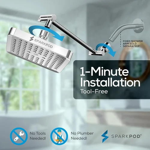 Miniatura 6 de SparkPod Cabezal de ducha tipo lluvia cuadrado con brazo de extensión, cabezal de ducha de altura ajustable con rendimiento de alta presión, fácil
