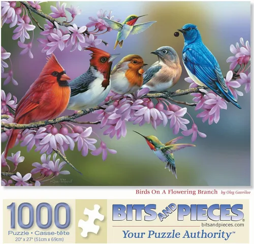 Miniatura 11 de Bits and Pieces Rompecabezas – Birds on a Flowering Branch por Oleg Gavrilov – Cardenales, Bluebird & Colibríes Naturaleza Obra de Arte