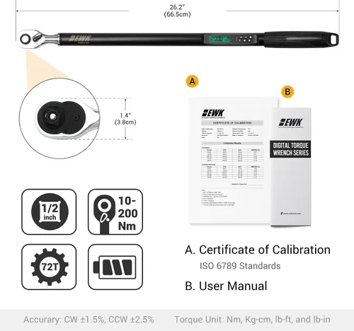 Miniatura 2 de EWK Llave dinamométrica digital de 1/2 pulgada 7.4-147.6 pies-libras (10-200 Nm) con pantalla LED y zumbador audible, para reparaciones