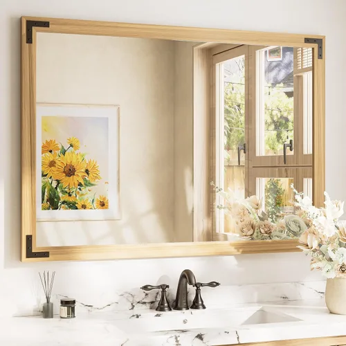 Miniatura 34 de TETOTE Espejo de madera natural de 48 x 24 pulgadas para pared de baño/dormitorio/sala de estar/entrada, espejo rústico de tocador de baño