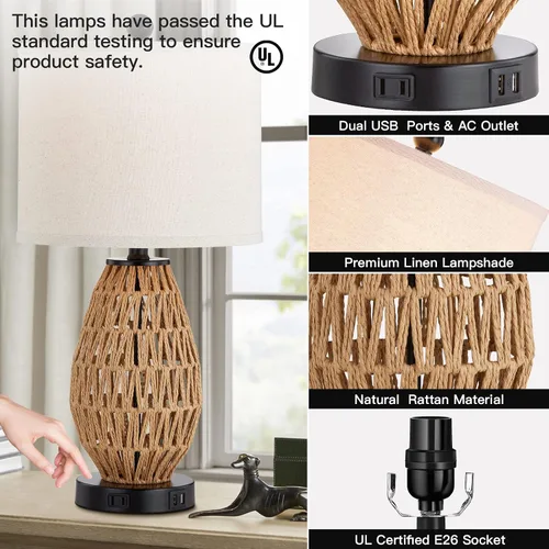 Miniatura 4 de CINSARY Lámparas de mesa de ratán con control táctil, lámparas de noche regulables de 3 vías para dormitorio, juego de 2 con 2 puertos USB y salida