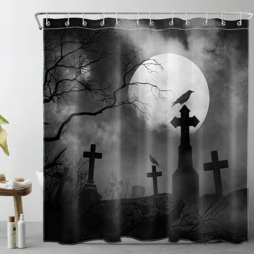 Miniatura 24 de LB Cortina de ducha de feliz Halloween para baño, flamenco rosa y calabaza naranja con sombrero mágico, cortina de ducha de tela con ganchos, juego