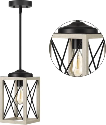 Miniatura 8 de DEWENWILS Lámpara colgante de granja, lámpara colgante de metal con acabado de grano de madera, tubos ajustables de 48 pulgadas para techo plano