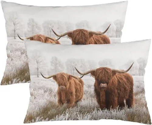 Funda de Almohada Highland Cow Tamaño Queen Juego de 2 Vaca Occidental Animal Vida Silvestre Casa de Granja Pastizales Funda de Almohada Lumbar