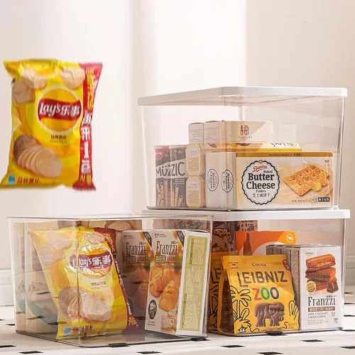 Miniatura 10 de Contenedores de almacenamiento de plástico transparente con tapas - 4 paquetes, contenedores de almacenamiento para aperitivos, cosméticos, libros