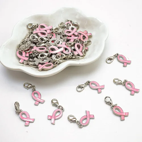 Miniatura 3 de 50 dijes colgantes de cinta rosa para concientización sobre el cáncer de mama para la fabricación de joyas de apoyo al cáncer de mama
