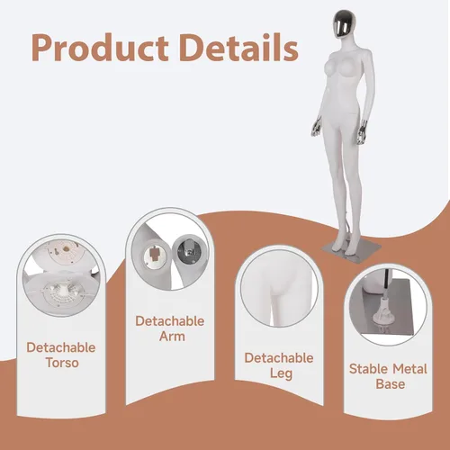 Miniatura 4 de Kinfant Maniquí femenino de cuerpo completo, elegante maniquí femenino alto con base de metal estable, pantalla de forma de vestido de manne quin