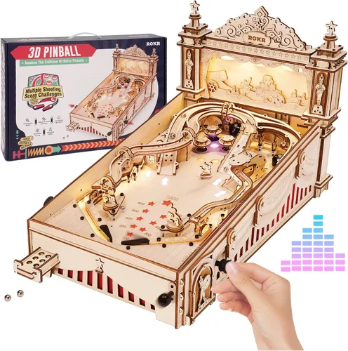 ROKR Máquina de pinball en miniatura, rompecabezas de madera 3D para adultos, kits de modelo de madera DIY para adultos, regalos de juguete para