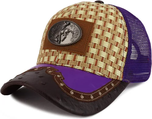 Trendy Apparel tienda paja diseño metálico Rodeo Cowboy caballo Logo de metal camionero de malla gorra de béisbol