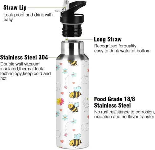 Miniatura 3 de BPA-Free Sports Water Bottle 20 Oz, Stainless Steel Vacuum Insulated Water Bottle for Gym Outdoor Travel School, Cute Cartoon Bees Floral White