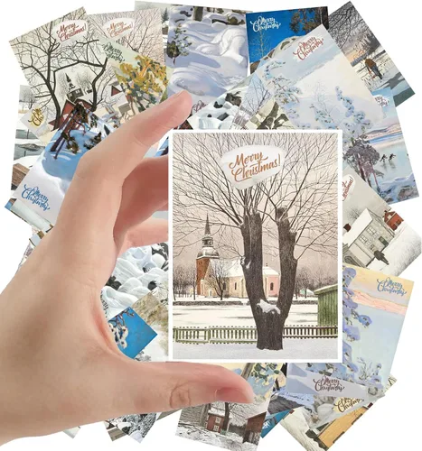 Calcomanías grandes, 24 piezas (2.5 x 3.5 pulgadas cada una) preciosas escenas navideñas de paisajes nevados, postales de Navidad vintage, tarjetas