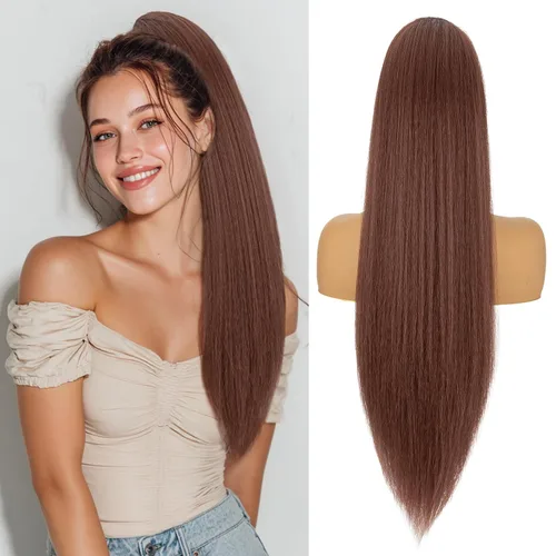 Miniatura 11 de Benehair Extensión de cola de caballo con cordón, 24 pulgadas de largo, pelo sintético lacio, extensiones de cabello de cola de caballo con clip