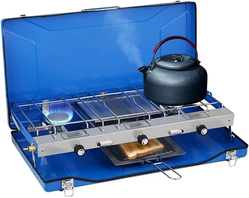 Miniatura 9 de CAMPLUX - Estufa de campamento de propano con 2 quemadores y 1 parrilla, 15,000 BTU portátil, para exteriores, con patas de pie, estufa de gas