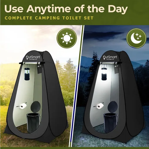 Miniatura 7 de Outsmart Gadgets Juego de inodoro portátil para exteriores para adultos con linterna nocturna de campamento, inodoro plegable XL, tienda de campaña