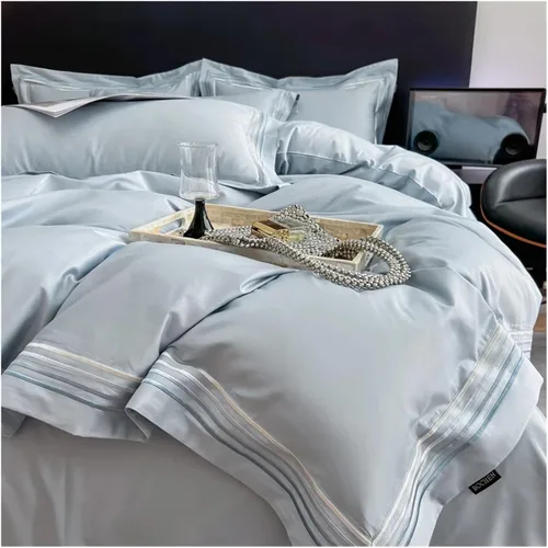 Miniatura 9 de ADovz Juego de ropa de cama de algodón de fibra larga, tamaño Queen, King, color sólido, funda de edredón plana/ajustable, sábana de almohada
