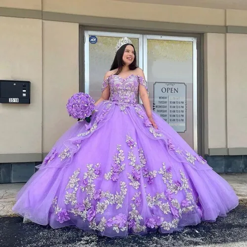 Miniatura 5 de Mauuwy Vestidos de quinceañera florales en 3D, vestido de baile de tul brillante hinchado dulce 16 vestidos de encaje con hombros descubiertos