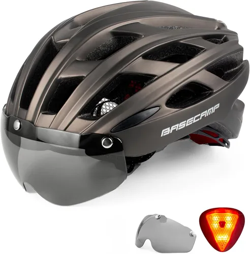 Miniatura 9 de Casco de bicicleta Basecamp con luz trasera y gafas magnéticas desmontables, casco ligero para ciclismo ajustable para hombres y mujeres en montaña