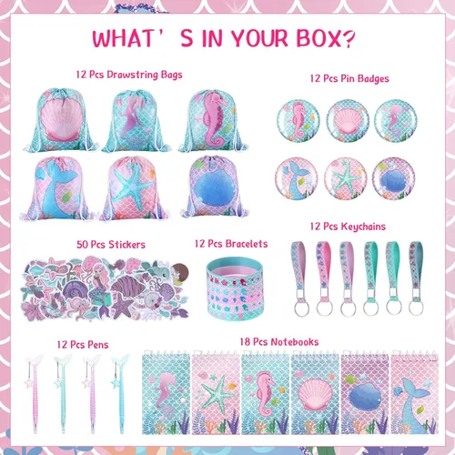 Miniatura 2 de Sherr 140 bolsas de regalo de fiesta de sirena para niñas, suministros de decoración de cumpleaños, incluye bolsas con cordón, pulseras de silicona