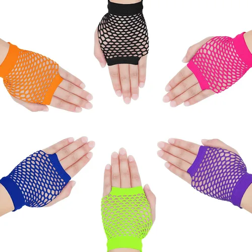 Miniatura 3 de SATINIOR 12 pares de guantes de malla de red de Halloween de los años 80 y 90 para mujeres y niños, guantes de neón sin dedos para fiestas