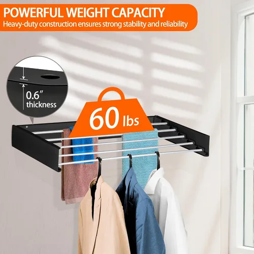 Miniatura 3 de FOCHIER F Estante de secado de ropa para colgar en la pared, plegable, con 5 varillas de aluminio y plantilla de perforación, punta de Negro