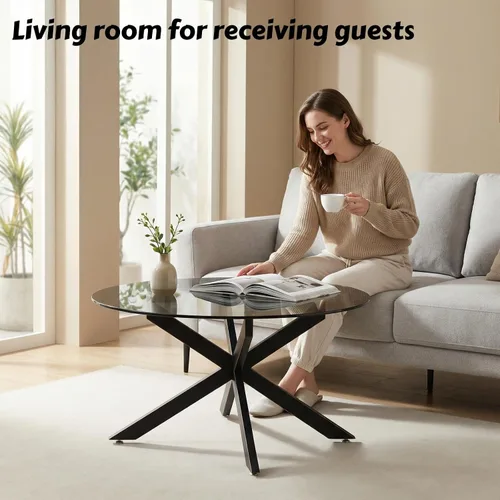 Miniatura 5 de Mesas de centro de cristal redondas y negras para sala de estar, oficina en casa, mesa central moderna y simple con parte superior de vidrio