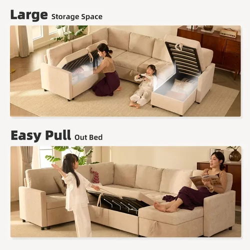 Miniatura 3 de Sofá cama modular de 107 pulgadas, juego de piezas modulares con cama extraíble, sofá modular en forma de U con almacenamiento, sofás de asiento