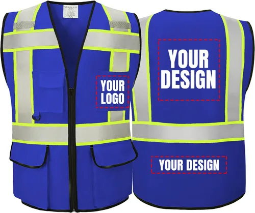 Miniatura 42 de Chaleco Reflectante Clase 2 de Seguridad ANSI con Bolsillos y Cremallera de Alta Visibilidad Uniforme de Construcción K-azul